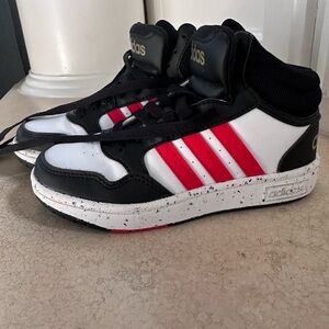 Adidas Black and White Sneakers with Red Stripes
